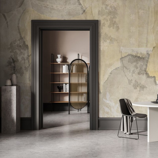 Tapet cu design modern, Marame (zi), cu nuante de bej si gri, cu o textura delicata, cu dantela alba si accente florale