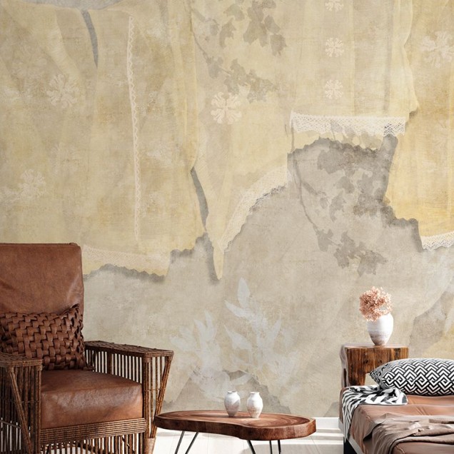 Tapet cu design modern, Marame (zi), cu nuante de bej si gri, cu o textura delicata, cu dantela alba si accente florale