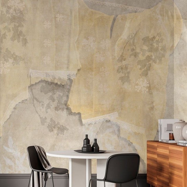 Tapet cu design modern, Marame (zi), cu nuante de bej si gri, cu o textura delicata, cu dantela alba si accente florale