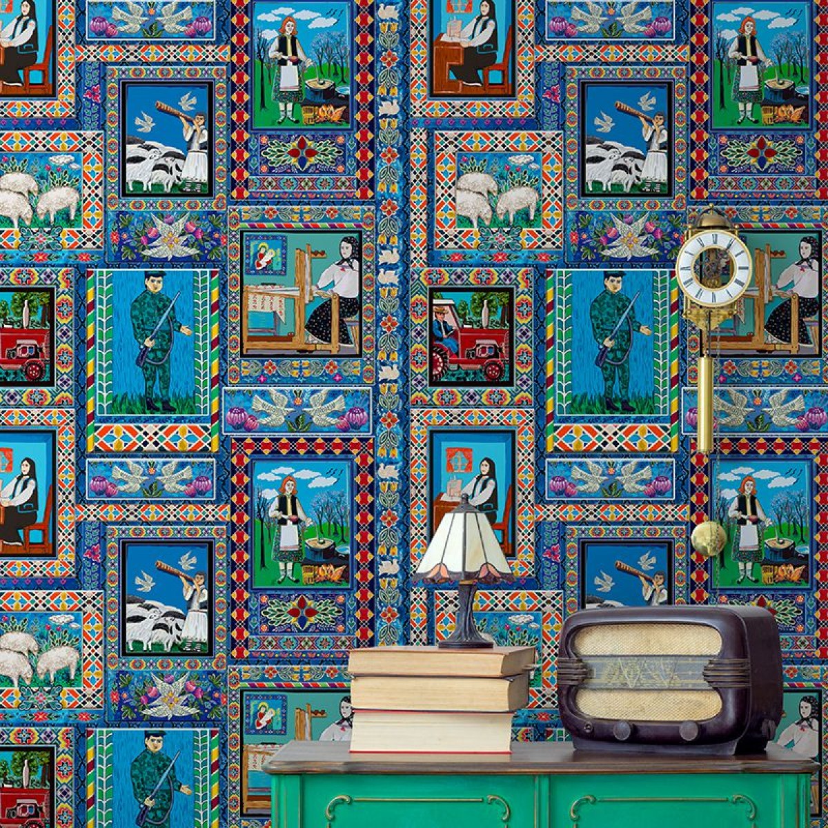 Fototapet VLAdiLA VLDLW0677. Conține culorile: Albastru, Albastru Văzduh, Albastru, Albastru Noapte, Galben, Galben Zinc, Maro, Maro Lut, Verde, Verde Pur