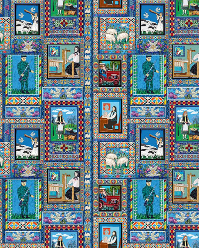 Tapet cu design tradițional, cu motive geometrice și imagini colorate, perfect pentru a adăuga o notă vibrantă casei tale.