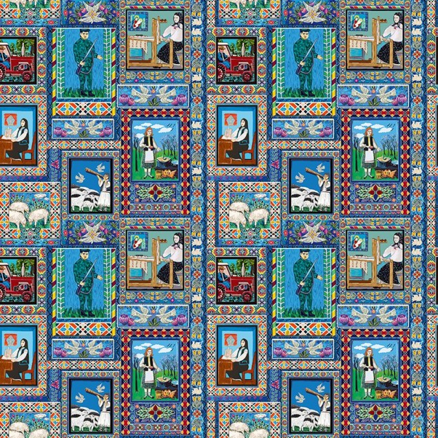 Tapet cu design tradițional, cu motive geometrice și imagini colorate, perfect pentru a adăuga o notă vibrantă casei tale.