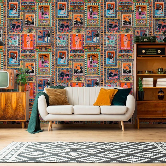 Tapet cu motive geometrice și scene colorate, perfect pentru a adăuga un strop de originalitate casei tale