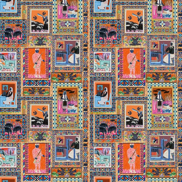 Tapet cu motive geometrice și scene colorate, perfect pentru a adăuga un strop de originalitate casei tale