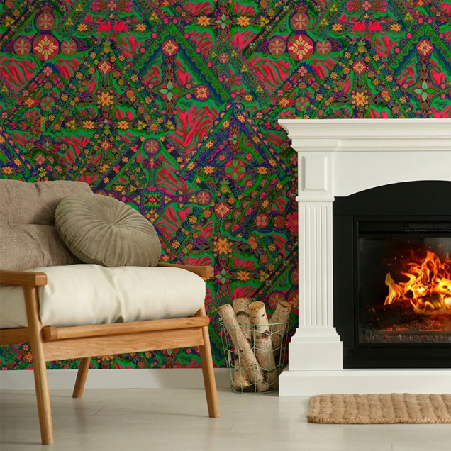 Tapet cu design floral si geometric, in culori vibrante, ideal pentru decorarea livingului, dormitorului sau bucatariei.