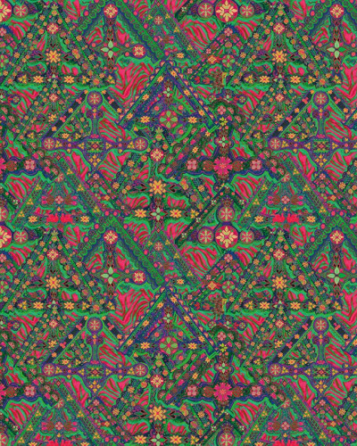 Tapet cu design floral si geometric, in culori vibrante, ideal pentru decorarea livingului, dormitorului sau bucatariei.