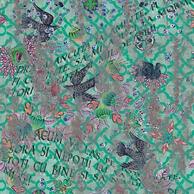 Tapet Epitaf (peruzea) cu design vibrant cu păsări, flori și text pe un fundal verde deschis.