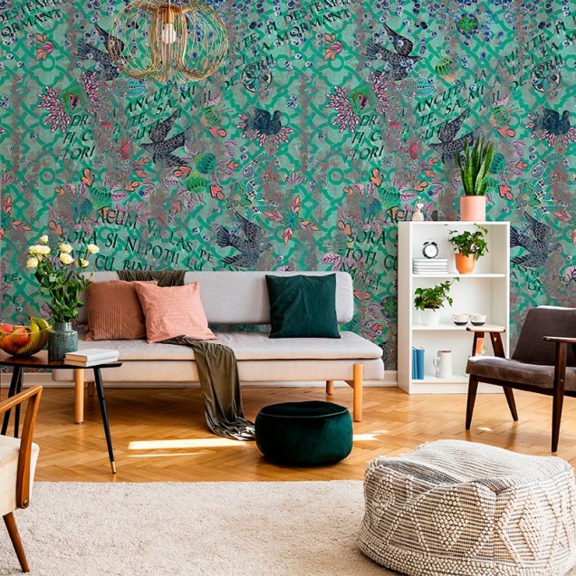 Tapet Epitaf (peruzea) cu design vibrant cu păsări, flori și text pe un fundal verde deschis.