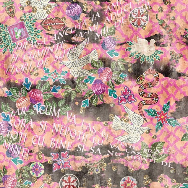 Tapet cu design inedit și vibrant cu flori, pasari, serpi si texte in limba romana.