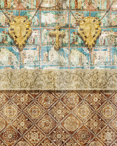 Tapet Smerenie cu design geometric medieval, culori calde și tonuri pastelate, perfect pentru dormitor, living sau birou