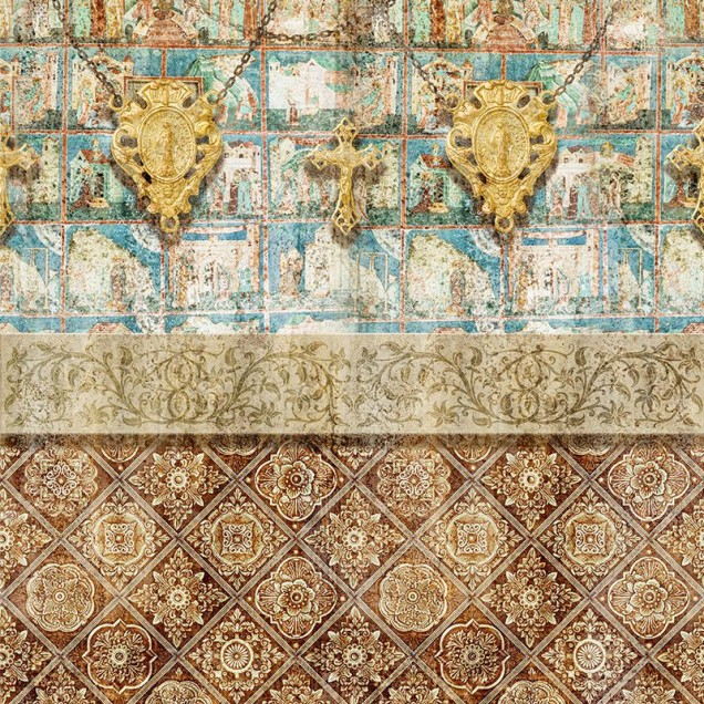 Tapet Smerenie cu design geometric medieval, culori calde și tonuri pastelate, perfect pentru dormitor, living sau birou