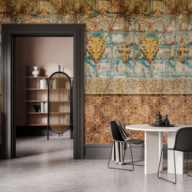 Tapet Smerenie cu design geometric medieval, culori calde și tonuri pastelate, perfect pentru dormitor, living sau birou
