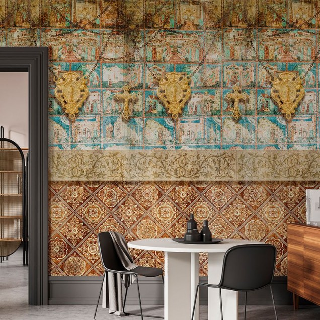 Tapet Smerenie cu design geometric medieval, culori calde și tonuri pastelate, perfect pentru dormitor, living sau birou
