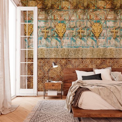 Tapet Smerenie cu design geometric medieval, culori calde și tonuri pastelate, perfect pentru dormitor, living sau birou