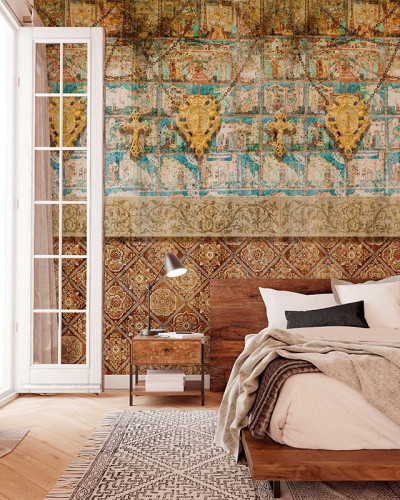 Tapet Smerenie cu design geometric medieval, culori calde și tonuri pastelate, perfect pentru dormitor, living sau birou