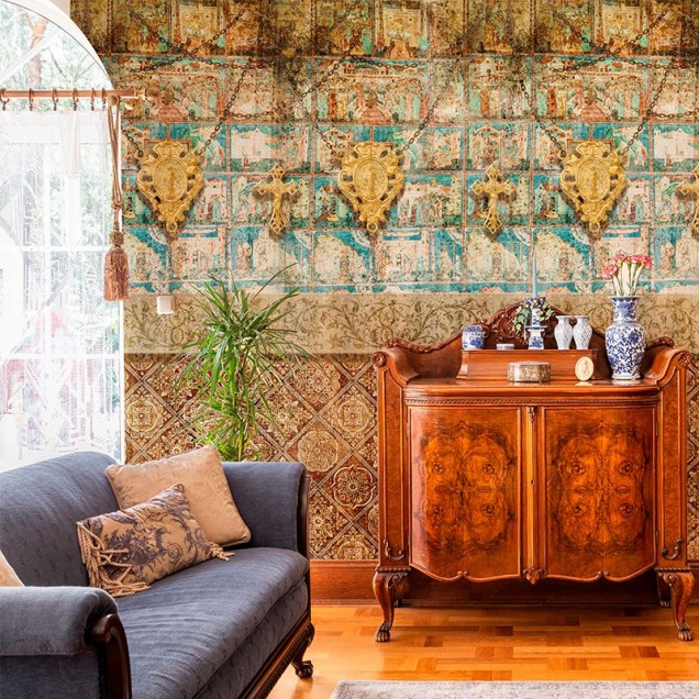 Tapet Smerenie cu design geometric medieval, culori calde și tonuri pastelate, perfect pentru dormitor, living sau birou