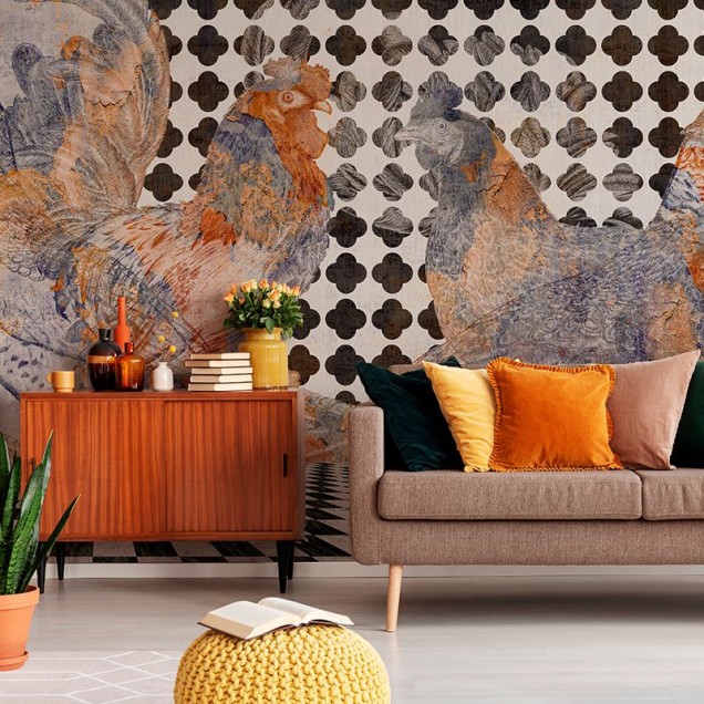 Tapet cu ilustrație de găini și cocoși pe fundal geometric