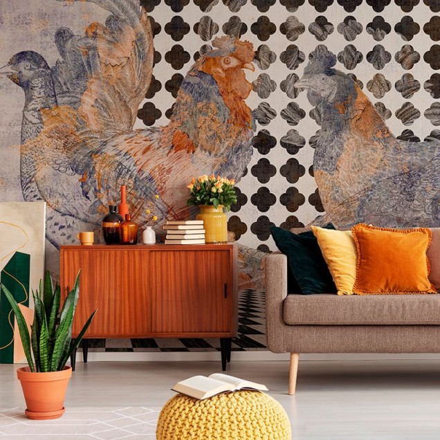 Tapet cu ilustrație de găini și cocoși pe fundal geometric