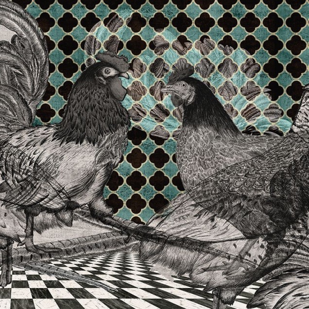 Tapet cu design modern, inspirat din lumea naturii, imaginea unor găini și a unui fazan, pe un fundal geometric cu nuanțe de verde și maro