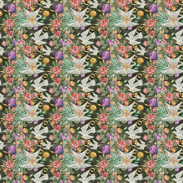 Tapet cu un design floral cu păsări albe și flori vibrante, perfect pentru a adăuga o notă de culoare și de rafinament oricărei camere.