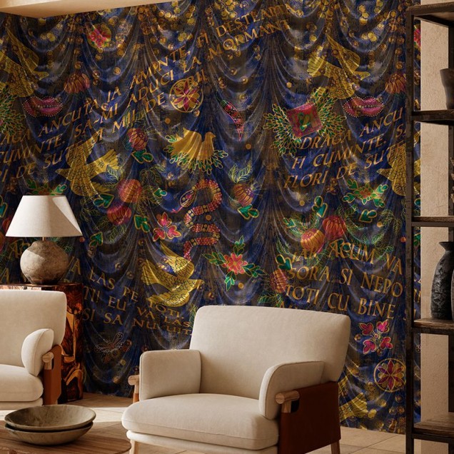 Tapet Spovedanie (albastru) cu design unic, inspirat din arta populara romaneasca