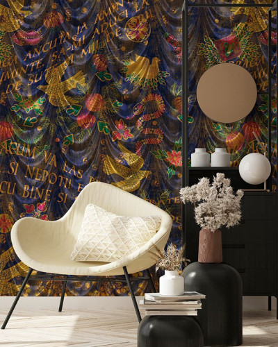 Tapet Spovedanie (albastru) cu design unic, inspirat din arta populara romaneasca