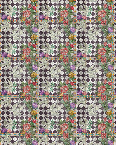 Tapet modern cu flori in culori vibrante, pe un fundal geometric.