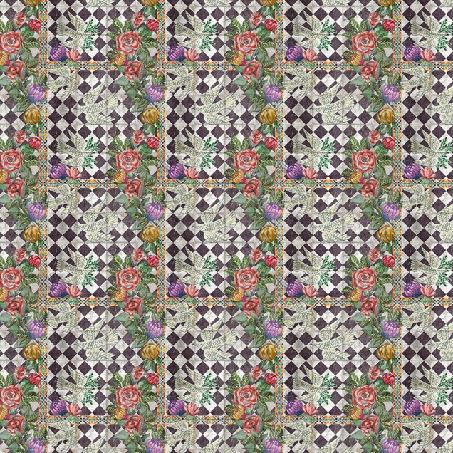 Tapet modern cu flori in culori vibrante, pe un fundal geometric.