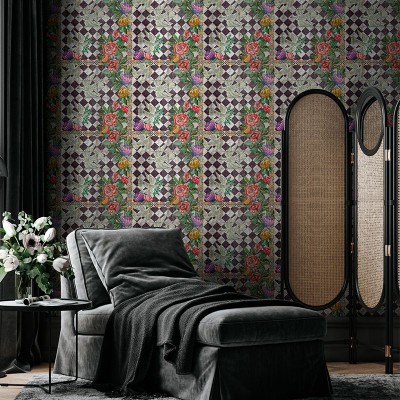 Tapet modern cu flori in culori vibrante, pe un fundal geometric.