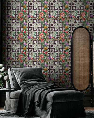 Tapet modern cu flori in culori vibrante, pe un fundal geometric.