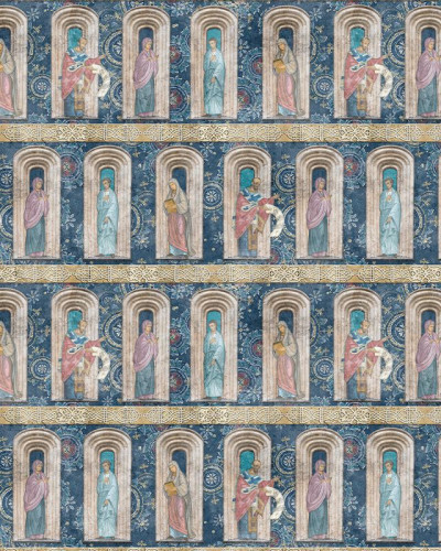 Tapetul închinăciune (safir) prezintă un design inspirat de arta medievală, cu tonuri de albastru închis și auriu.