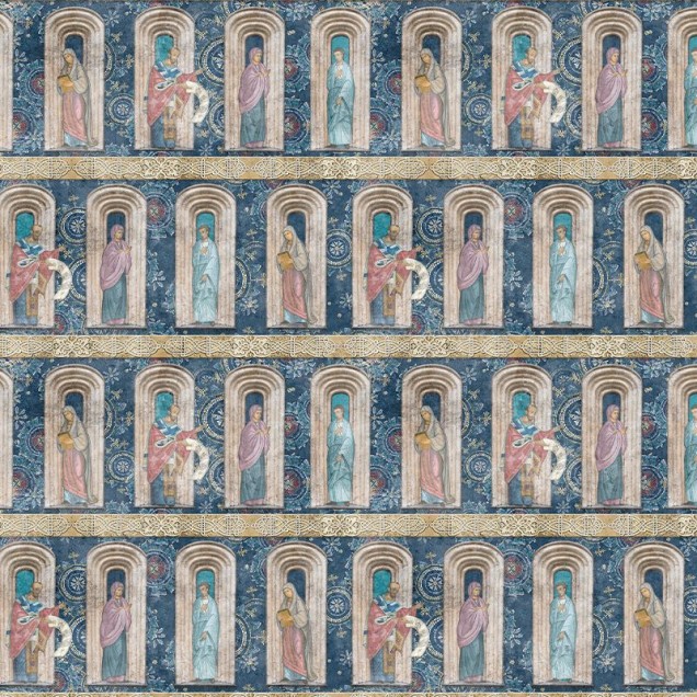 Tapetul închinăciune (safir) prezintă un design inspirat de arta medievală, cu tonuri de albastru închis și auriu.