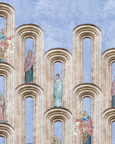 Tapet cu design clasic cu personaje și arhitectură religioasă, perfect pentru a adăuga o notă de eleganță și mister casei tale.