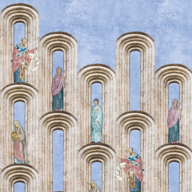 Tapet cu design clasic cu personaje și arhitectură religioasă, perfect pentru a adăuga o notă de eleganță și mister casei tale.