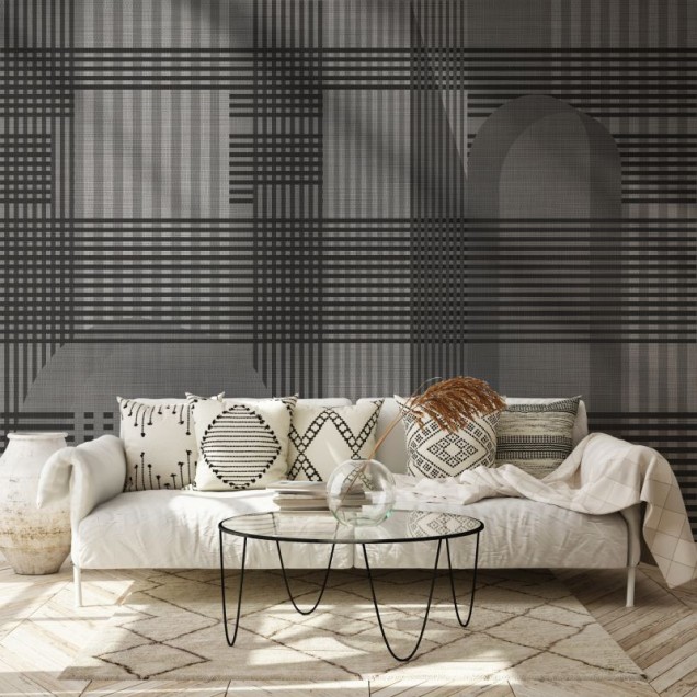 Tapet Taffy Grey Tartan, cu design geometric rafinat, in living