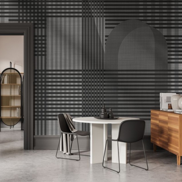 Tapet Taffy Grey Tartan, cu design geometric rafinat, in living