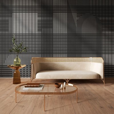 Tapet Taffy Grey Tartan, cu design geometric rafinat, in living