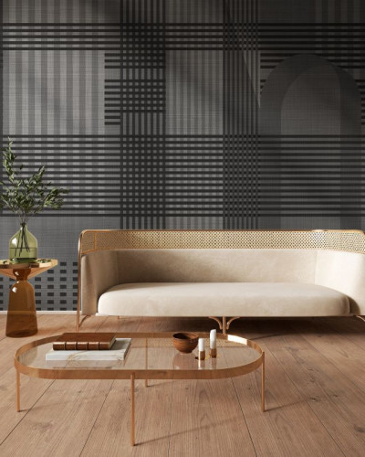 Tapet Taffy Grey Tartan, cu design geometric rafinat, in living