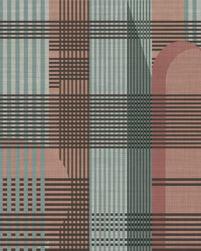 Tapet geometric cu model Tartan in nuante de roz, gri si maro