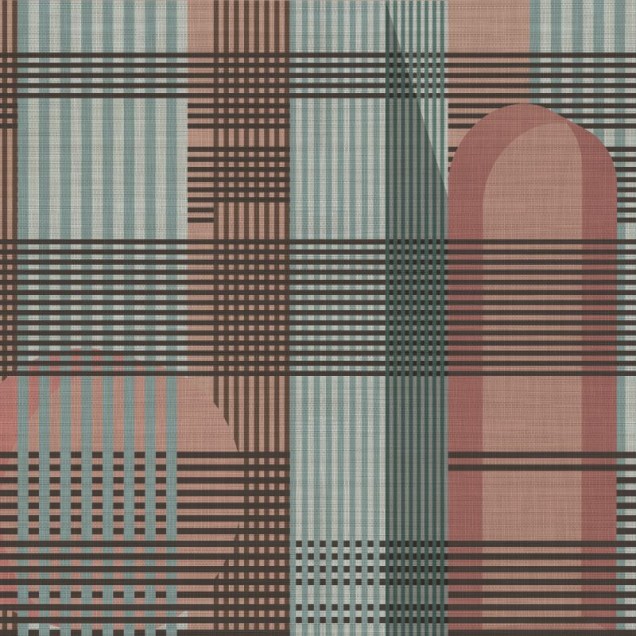 Tapet geometric cu model Tartan in nuante de roz, gri si maro