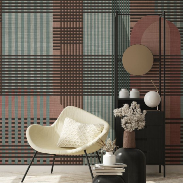 Tapet geometric cu model Tartan in nuante de roz, gri si maro