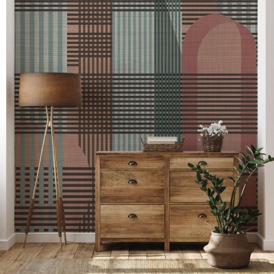Tapet geometric cu model Tartan in nuante de roz, gri si maro