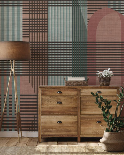 Tapet geometric cu model Tartan in nuante de roz, gri si maro