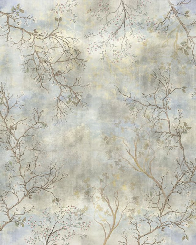 Tapet Burgeon Fresco, VLAdiLA, cu design modern si elegant, cu ramuri delicate pe un fond in nuante de albastru si gri.