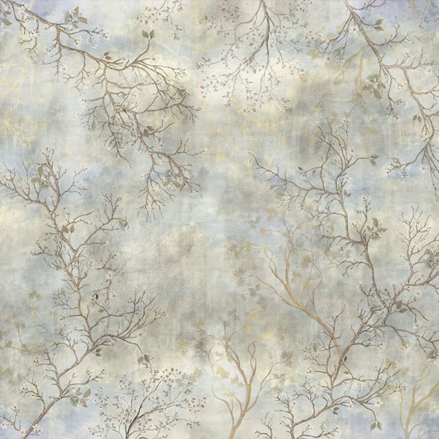 Tapet Burgeon Fresco, VLAdiLA, cu design modern si elegant, cu ramuri delicate pe un fond in nuante de albastru si gri.