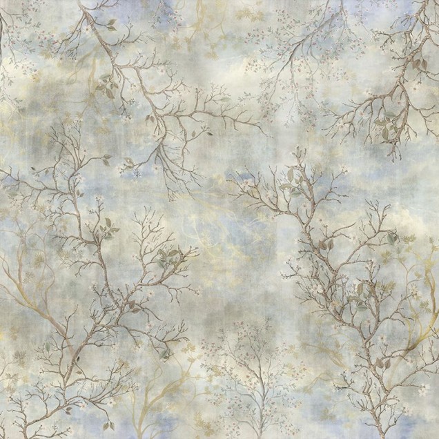Tapet Burgeon Fresco, VLAdiLA, cu design modern si elegant, cu ramuri delicate pe un fond in nuante de albastru si gri.