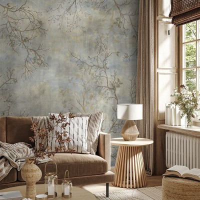Tapet Burgeon Fresco, VLAdiLA, cu design modern si elegant, cu ramuri delicate pe un fond in nuante de albastru si gri.