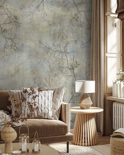 Tapet Burgeon Fresco, VLAdiLA, cu design modern si elegant, cu ramuri delicate pe un fond in nuante de albastru si gri.