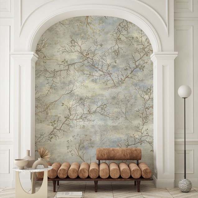 Tapet floral cu ramuri de copac in nuante pastelate