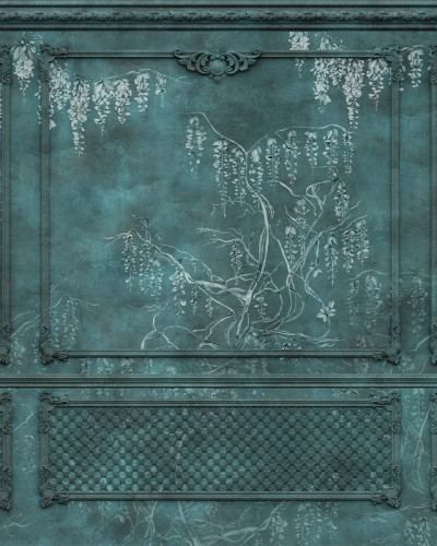 Imagine cu tapet Royal Vines Deep, cu un design elegant, ce reinterpretează stilul clasic cu o nota modernă. Tonurile de albastru închis și accentele delicate de alb creează un contrast elegant și o atmosferă intimă.